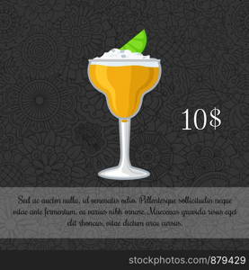 Alcoholic yellow cocktail card template with price and patterned background. Vector illustration. Alcoholic yellow cocktail card template