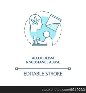 Alcoholism and substance abuse turquoise concept icon. Drug addiction. Bad habit, unhealthy lifestyle idea thin line illustration. Vector isolated outline RGB color drawing. Editable stroke. Alcoholism and substance abuse turquoise concept icon