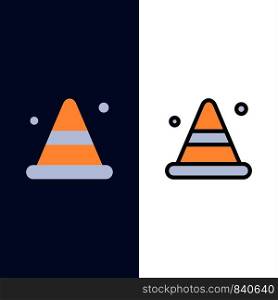 Alert, Cone, Construction, Road Icons. Flat and Line Filled Icon Set Vector Blue Background