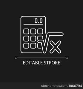 Algebra white linear icon for dark theme. Calculator, radical symbol. Mathematical calculations. Thin line customizable illustration. Isolated vector contour symbol for night mode. Editable stroke. Algebra white linear icon for dark theme