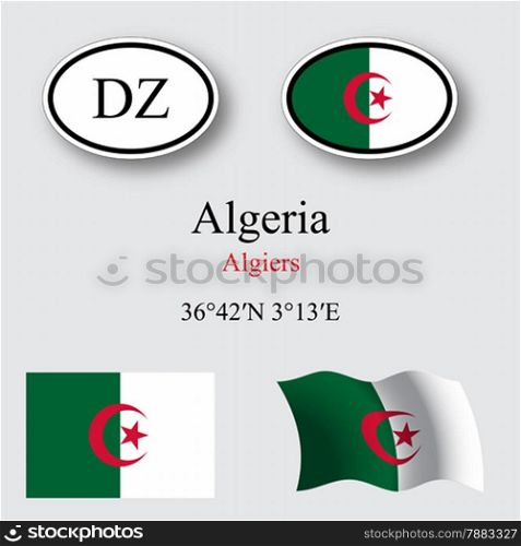 algeria flags and icons set over gray background, abstract vector art illustration, image contains transparency