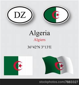 algeria flags and icons set over gray background, abstract vector art illustration, image contains transparency