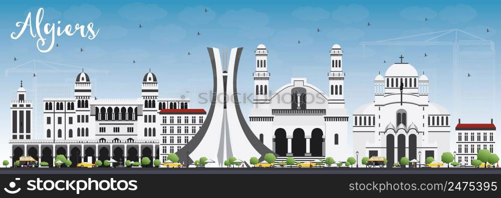 Algiers Skyline with Gray Buildings and Blue Sky. Vector Illustration. Business Travel and Tourism Concept with Historic Buildings. Image for Presentation Banner Placard and Web Site.