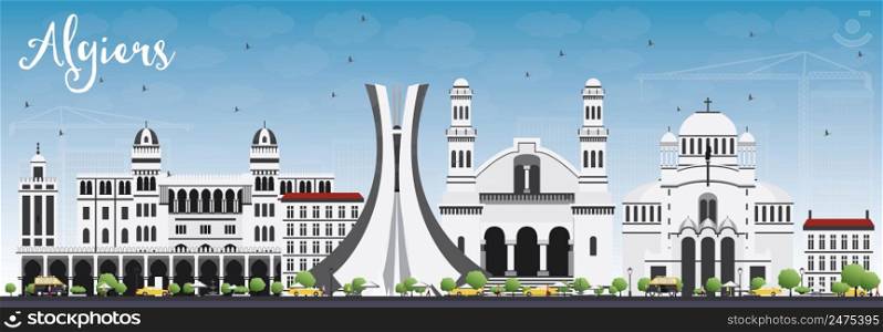 Algiers Skyline with Gray Buildings and Blue Sky. Vector Illustration. Business Travel and Tourism Concept with Historic Buildings. Image for Presentation Banner Placard and Web Site.