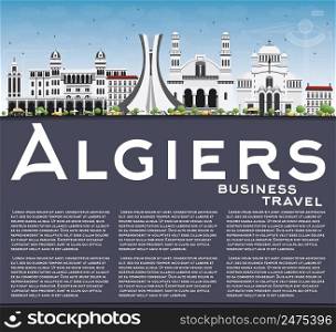 Algiers Skyline with Gray Buildings, Blue Sky and Copy Space. Vector Illustration. Business Travel and Tourism Concept with Historic Architecture. Image for Presentation Banner Placard and Web Site.