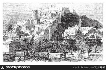 Algiers town vintage engraving. Algiers or Alger is the capital and largest city of Algeria. Old engraved illustration, in vector.