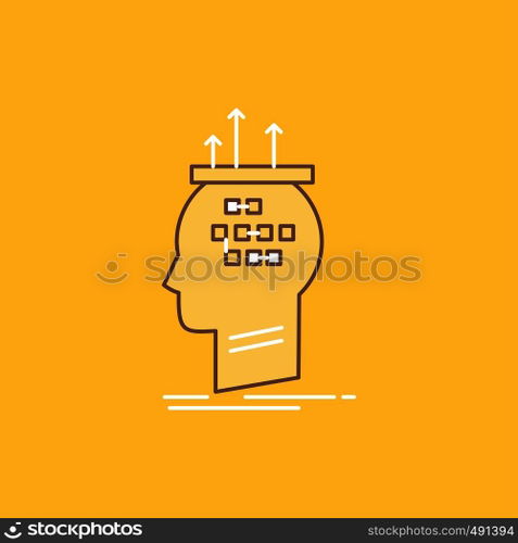 Algorithm, brain, conclusion, process, thinking Flat Line Filled Icon. Beautiful Logo button over yellow background for UI and UX, website or mobile application. Vector EPS10 Abstract Template background