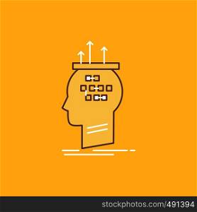Algorithm, brain, conclusion, process, thinking Flat Line Filled Icon. Beautiful Logo button over yellow background for UI and UX, website or mobile application. Vector EPS10 Abstract Template background