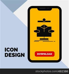 Algorithm, chart, data, diagram, flow Glyph Icon in Mobile for Download Page. Yellow Background. Vector EPS10 Abstract Template background