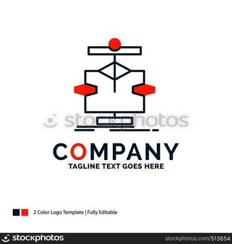 Algorithm, chart, data, diagram, flow Logo Design. Blue and Orange Brand Name Design. Place for Tagline. Business Logo template.