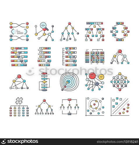 algorithm data technology ai icons set vector. software digital, computer process, information security, web financial, network algorithm data technology ai color line illustrations. algorithm data technology ai icons set vector