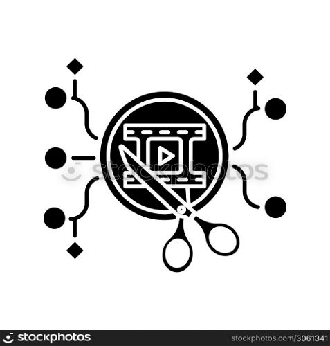Algorithmic editing black glyph icon. Artificial intelligence on video making process. Innovative movie production. Virtual content. Silhouette symbol on white space. Vector isolated illustration. Algorithmic editing black glyph icon
