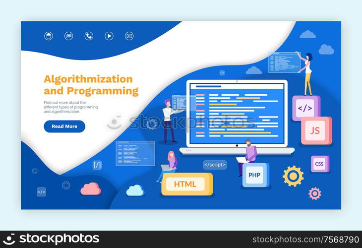 Algorithmization and programming, people developing web services vector. Js and html , css and php computer languages, programmers with laptop screen. Website or webpage template landing page in flat. Algorithmization and Programming, People Coders