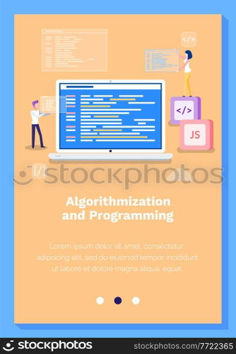 Algorithmization and programming vector illustration. Website landing page template concept. People work with developing the site and completing tasks. Coworkers discuss startup of business on screen. Algorithmization and programming vector illustration. Website landing page template concept