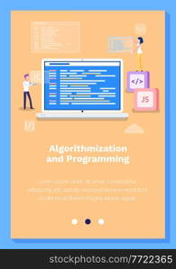 Algorithmization and programming vector illustration. Website landing page template concept. People work with developing the site and completing tasks. Coworkers discuss startup of business on screen. Algorithmization and programming vector illustration. Website landing page template concept