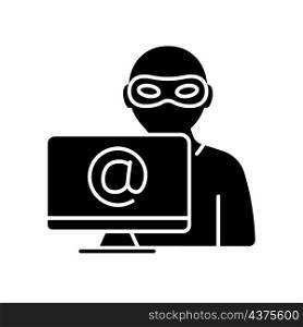 Alias black glyph icon. Stealing identity online. Malicious activity. Cybercrime. Aliased names. Information and data hacking. Silhouette symbol on white space. Vector isolated illustration. Alias black glyph icon