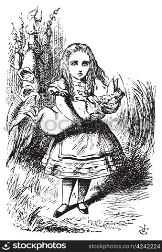 Alice and the pig baby - Alice&rsquo;s Adventures in Wonderland original vintage engraving.This time there could be no mistake about it: it was neither more nor less than a pig, and she felt that it would be quite absurd for her to carry it further.
