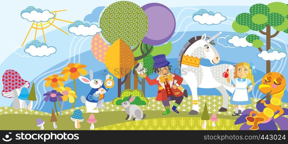Alice in Wonderland. Colorful vector cartoon flat illustration with seamless pattern elements isolated on white background. Alice, Mad Hatter,White rabbit, ?aterpillar and Unicorn in a magical forest with trees, flowers and mushrooms.