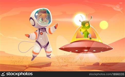 Alien and astronaut child meet on red planet. Friends cute martian and baby cosmonaut in space suit greeting each other. Extraterrestrial interstellar friendship, contact, Cartoon vector illustration. Alien and astronaut child meeting on red planet