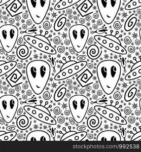 Alien and spaceship seamless pattern. Colorful childish print. Kids textile or wallpaper design. Alien and spaceship seamless pattern. Colorful childish print. Kids textile or wallpaper design.