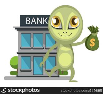 Alien at the bank, illustration, vector on white background.