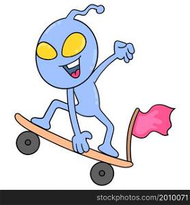 alien boy is skateboarding happily