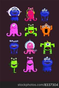 Alien cartoon characters set illustration. Pixel funny monsters on black background. Can be used for topics like kids book, cartoon, fantastic stories. Alien cartoon characters set illustration