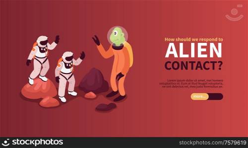Alien contact isometric horizontal banner with two astronauts friendly saluting alien creature on unknown planet vector illustration