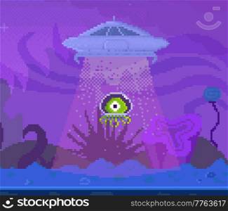 Alien flies off planet. UFO on spaceship. Pixel game design layout template. Green characters in in transparent helmet leave planet and fly into sky. Flying saucer engulfs alien vector illustration. Green characters in in transparent helmet leave planet and fly into sky. Flying saucer engulfs alien