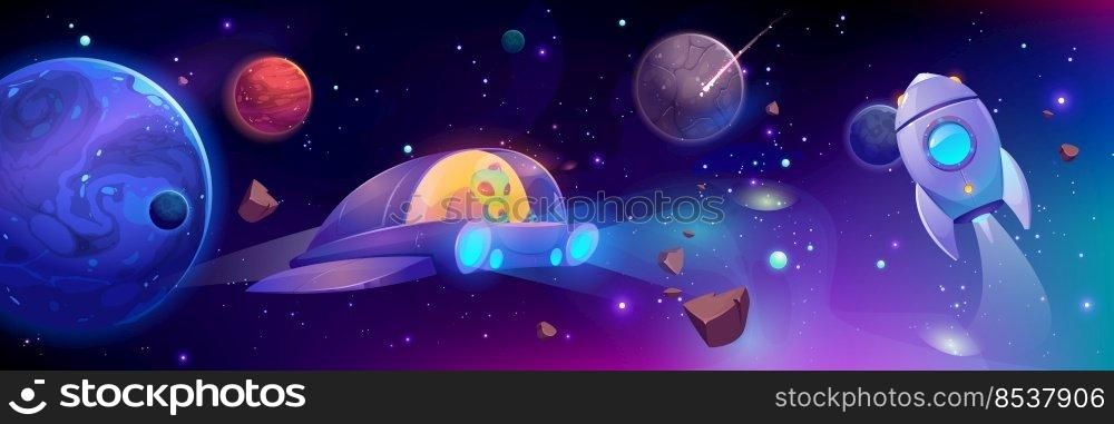 Alien flying in space ship extraterrestrial monster with green skin driving UFO