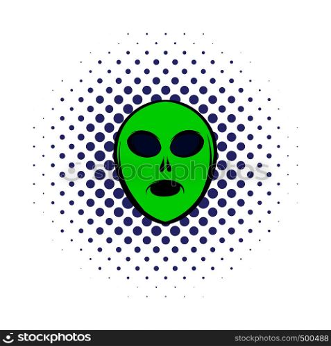 Alien green head icon in comics style on a white background . Alien green head icon, comics style