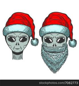 Alien in Santa Claus hat, on white background. Christmas theme. Design element for emblem, poster, t shirt. Vector illustration