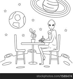 Alien is sitting at the table in cafe on the Moon. Cosmos invader is drinking a coffee. UFO concept vector in outline style for coloring, web, banner. Earth and Jupiter are on the background.. Alien is sitting at the table in cafe on the Moon. Cosmos invader is drinking a coffee. UFO concept vector in outline style for coloring, web, banner.