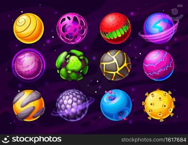 Alien life planets, fantasy space worlds cartoon icons. Colorful fantastic planets or asteroids with different surface, live core, lava and craters vector. User interface UI or GUI design elements set. Alien life planets, fantasy space worlds icons