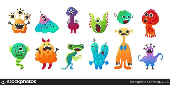 Alien monster. Cartoon baby space creature characters. Cute friendly beast mascot. Scary mutants collection. Isolated colorful gremlins and goblins with eyes. Comic demons. Vector virus pathogens set. Alien monster. Cartoon baby space creature characters. Friendly beast mascot. Scary mutants collection. Colorful gremlins and goblins with eyes. Comic demons. Vector virus pathogens set
