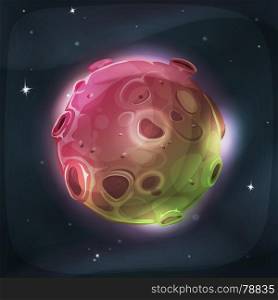 Alien Moon Planet On Space Background. Illustration of a cartoon funny and fairy alien moon or planet globe, with craters, holes, volcano areas and light halo for space and sci-fi game ui