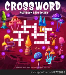 Alien mushrooms find a color of cap crossword grid worksheet. Find a word quiz game, children vocabulary playing activity vector page template. Children text riddle with fantasy, gloving mushrooms. Alien mushrooms find a color crossword worksheet