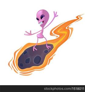 Alien on meteorite flat cartoon vector illustration. Entertaining extraterrestrial, flying martian. Ready to use 2d character template for commercial, animation, printing design. Isolated comic hero