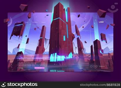 Alien planet banner with land surface and futuristic building ruins with glowing blue cracks. Vector landing page with cartoon fantasy illustration of outer space with stars and alien planet surface. Alien planet banner with land surface and ruins