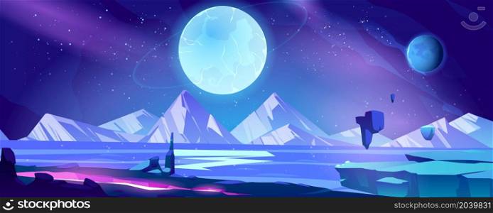 Alien planet landscape, cosmic background, deserted coastline with mountains view, glowing cleft, stars and shining spheres in space. Extraterrestrial pc game backdrop, cartoon vector illustration. Alien planet landscape, cosmic background, space
