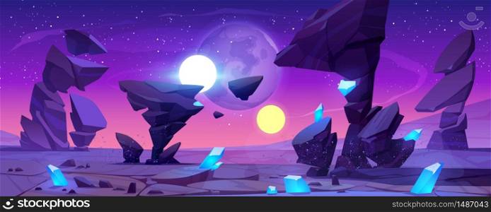 Alien planet landscape for space game background. Vector cartoon fantasy illustration of cosmos and planet surface with rocks, shiny blue crystals, satellites and stars in night sky. Alien planet landscape at night for space game