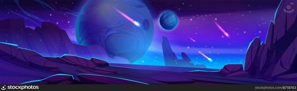 Alien planet landscape, night Mars surface with meteorites and spheres in space. Extraterrestrial game background with mountains, rocks and dark starry sky with comets, Cartoon vector illustration. Alien planet landscape, night Martian surface