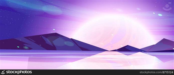 Alien planet landscape, space background. Water pond and purple mountains under glowing stars and shining spheres in sky. Extraterrestrial deserted scene, 2d game backdrop, Cartoon vector illustration. Alien planet landscape, cosmic background, space
