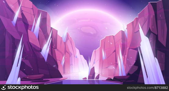 Alien planet landscape, space view from frozen canyon with ice stalagmites and rocks. Cosmic background with glowing sphere in dark starry sky. Fantastic world in cosmos, Cartoon vector illustration. Alien planet landscape space view, frozen canyon