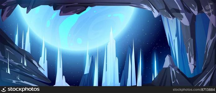 Alien planet landscape, space view from frozen cave with ice stalagmites and rocks. Cosmic background with glowing sphere in dark starry sky. Fantastic world in cosmos, Cartoon vector illustration. Alien planet landscape space view from frozen cave