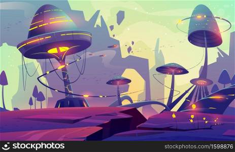 Alien planet landscape with fantasy mushrooms trees or buildings and rocks. Magical unusual nature for computer game, fairy tale background with beautiful strange plants, Cartoon vector illustration. Alien planet landscape with fantasy mushroom trees