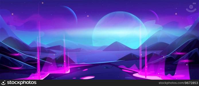 Alien planet landscape with neon light glowing from cracks. Vector cartoon illustration of futuristic space background for game ui design, purple and blue hills, metaverse world, stars in night sky. Alien planet landscape with neon light