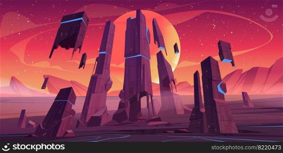Alien planet landscape with rocks and futuristic building ruins with glowing blue cracks. Vector cartoon fantasy illustration of outer space with stars, moon and planet surface for gui game design. Futuristic landscape of alien planet with rocks