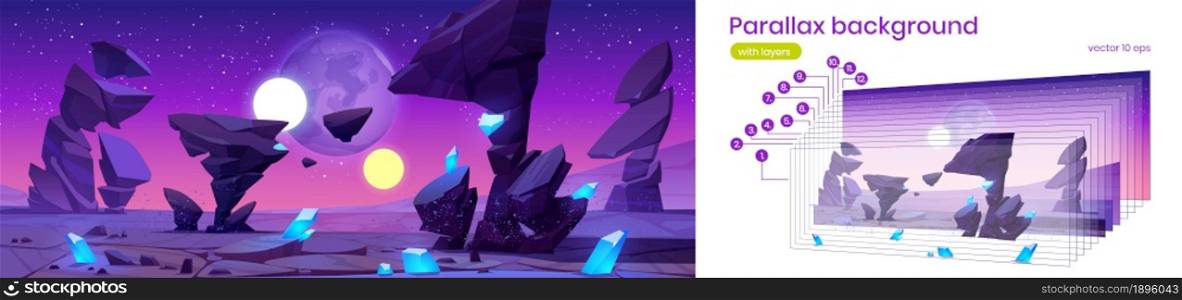 Alien planet parallax background for space game, extraterrestrial 2d landscape with rocks, crystals, two suns on purple sky. Cartoon animation scene view with separated layers, Vector illustration. Alien planet parallax background for game scene