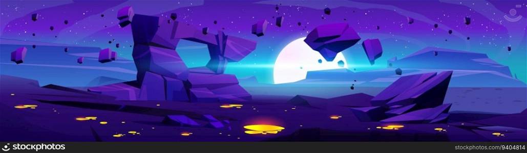 Alien planet surface with stones and puddles of yellow substance on ground. Vector cartoon illustration of dark rocky landscape, moon, stars, rocks floating in night sky. Adventure game background. Alien planet surface with stones